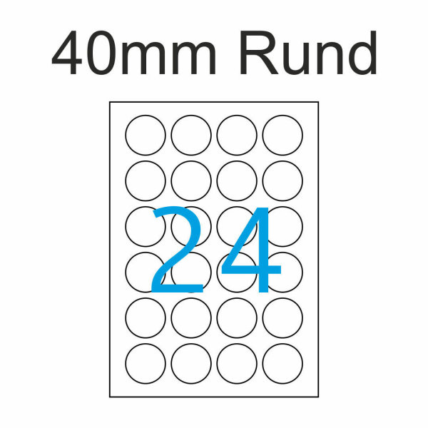 600 Etiketten 40 mm Rund auf DIN A4 Bogen Selbstklebend - 25 Blatt - Wei&szlig;